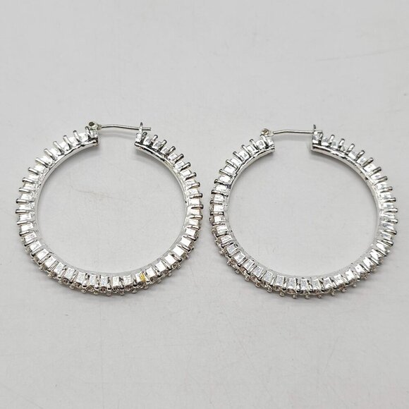Silver Tone Clear Rhinestone Hoop Bling Earrings 1.75 Inches Vintage - Picture 4 of 5